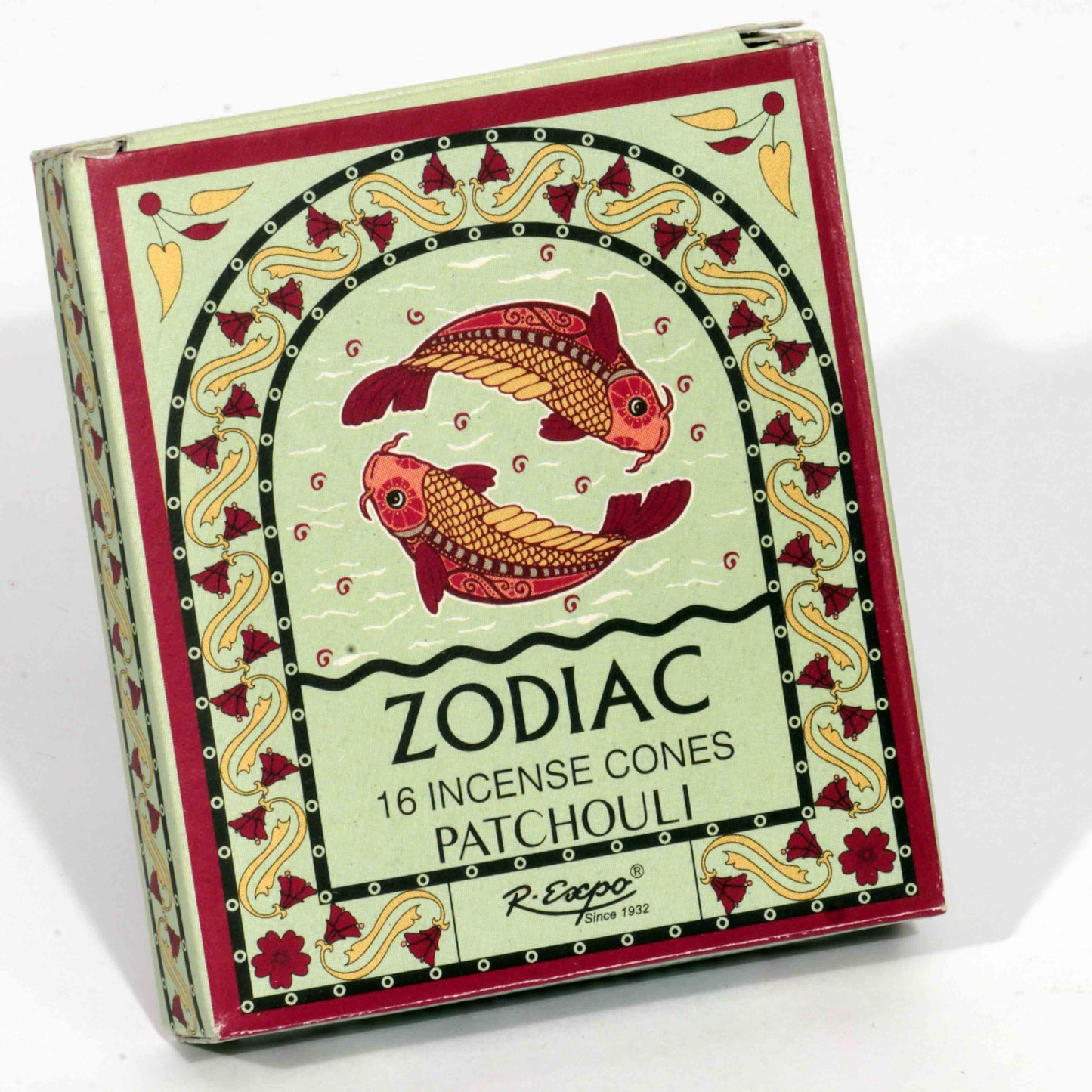 Box of Zodiac Patchouli incense cones with decorative design on a white background