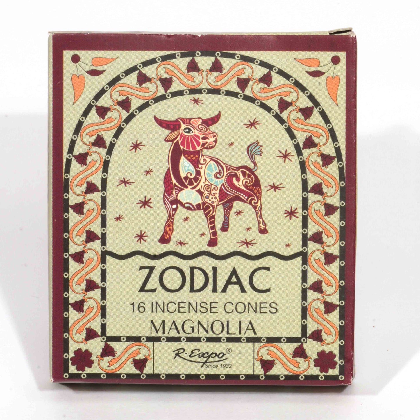 Box of Zodiac incense cones with a bull illustration on a white background