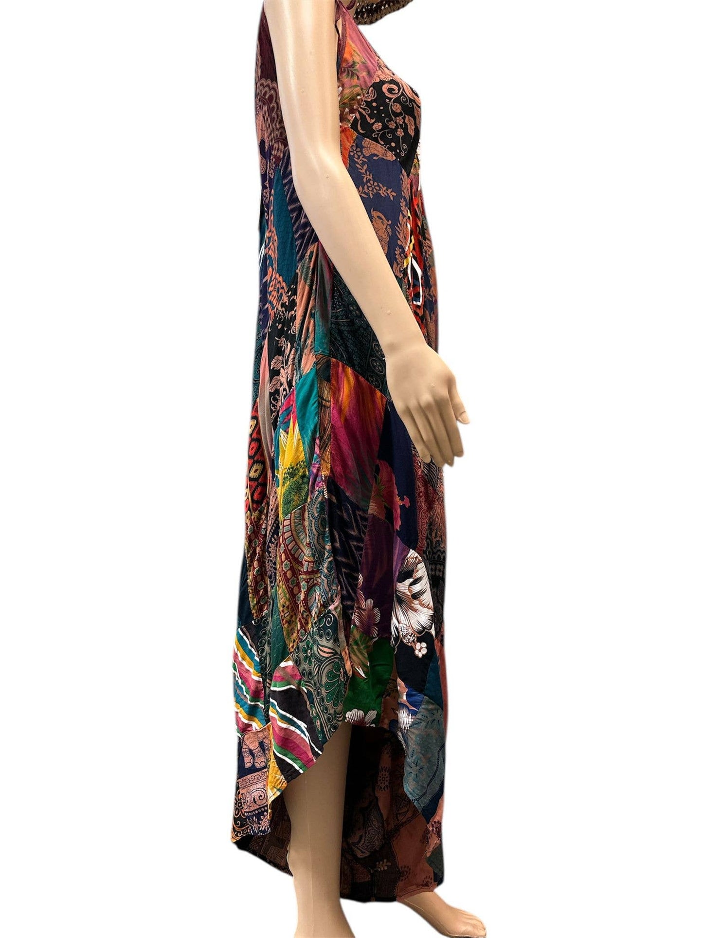 Rayon Red Multi Patchwork A line Boho Dress KTY508