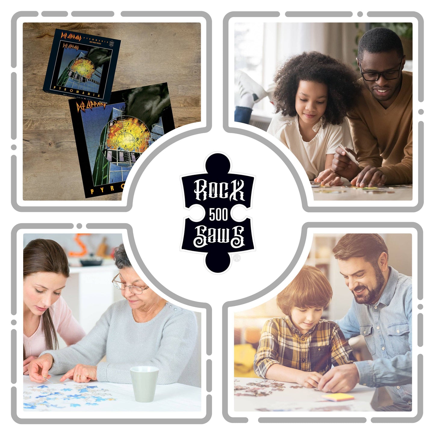 Collage of people working on crossword puzzles with 'Rock 500 Saws' branding.