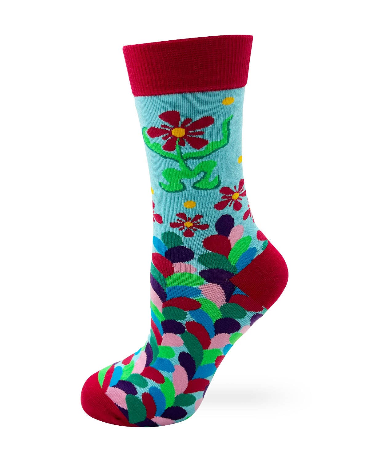 Colorful floral-patterned sock on a white background