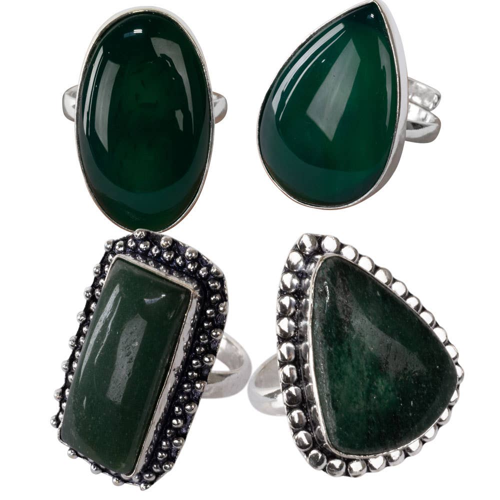 Green Jade Adjustable Brass Ring