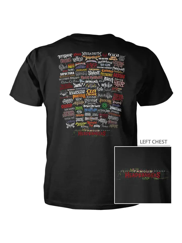 Black shirt with famous heavy metal rock bands logos all over the back
