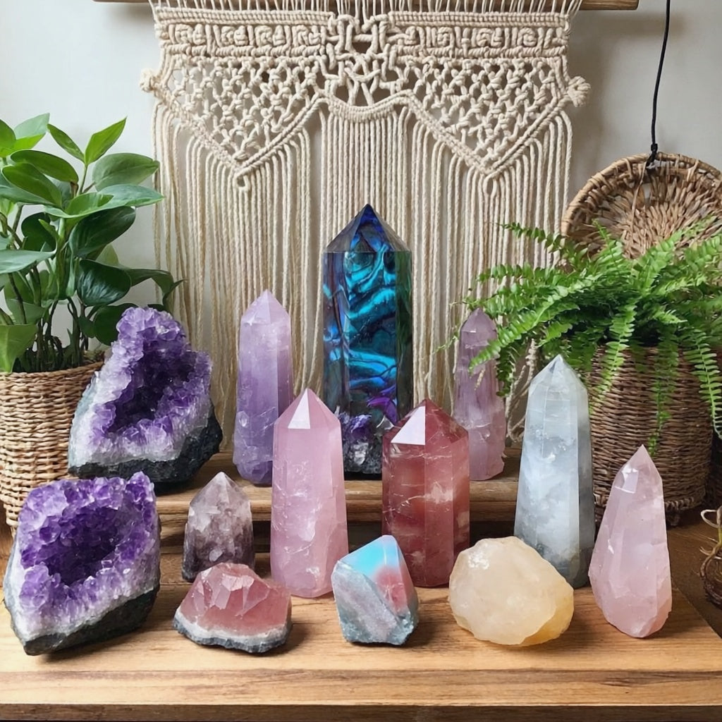 Crystals and healing gems on a table with BOHO wall hanging decor