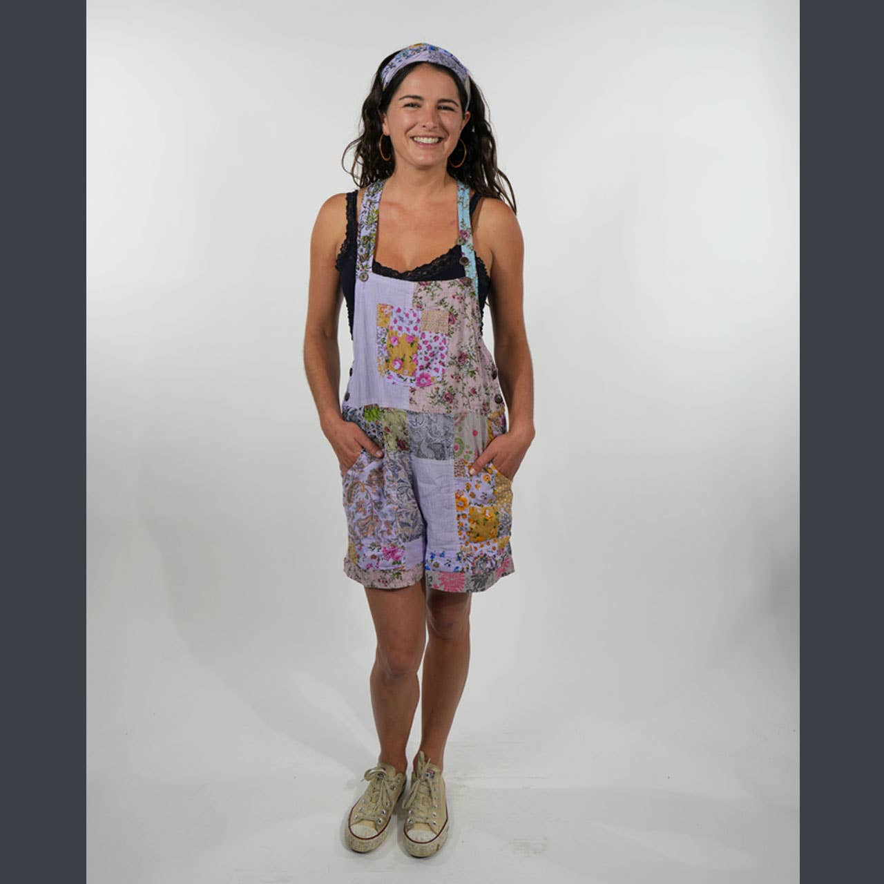 Hippie Boho Cotton Floral Patchwork 5-Pocket Shorts Overalls