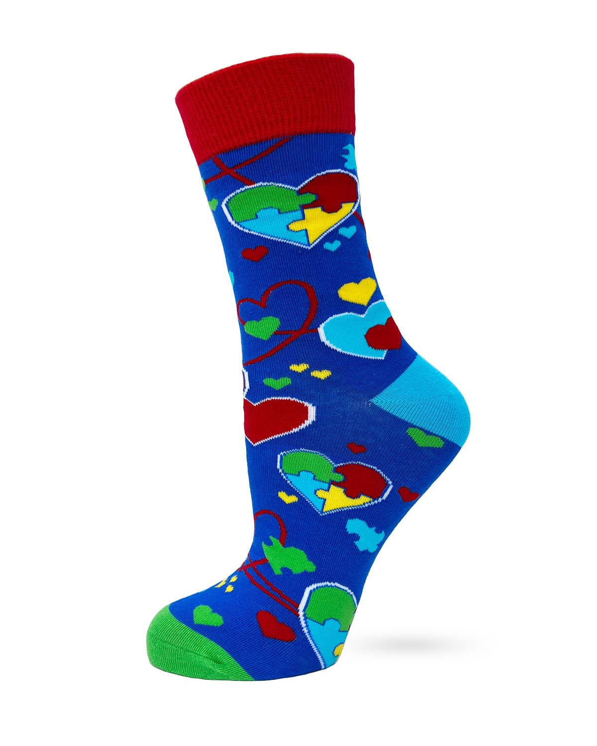 Colorful sock with heart patterns on a white background