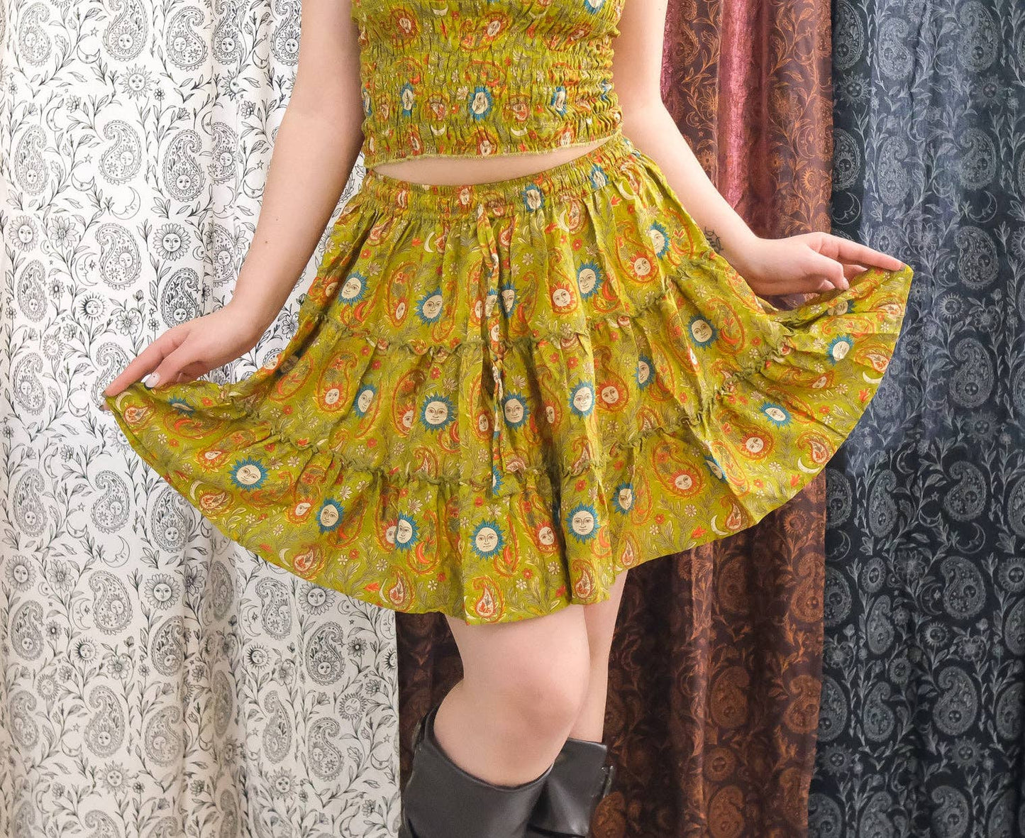Boho Celestial Paisley Mini Skirt with Pockets