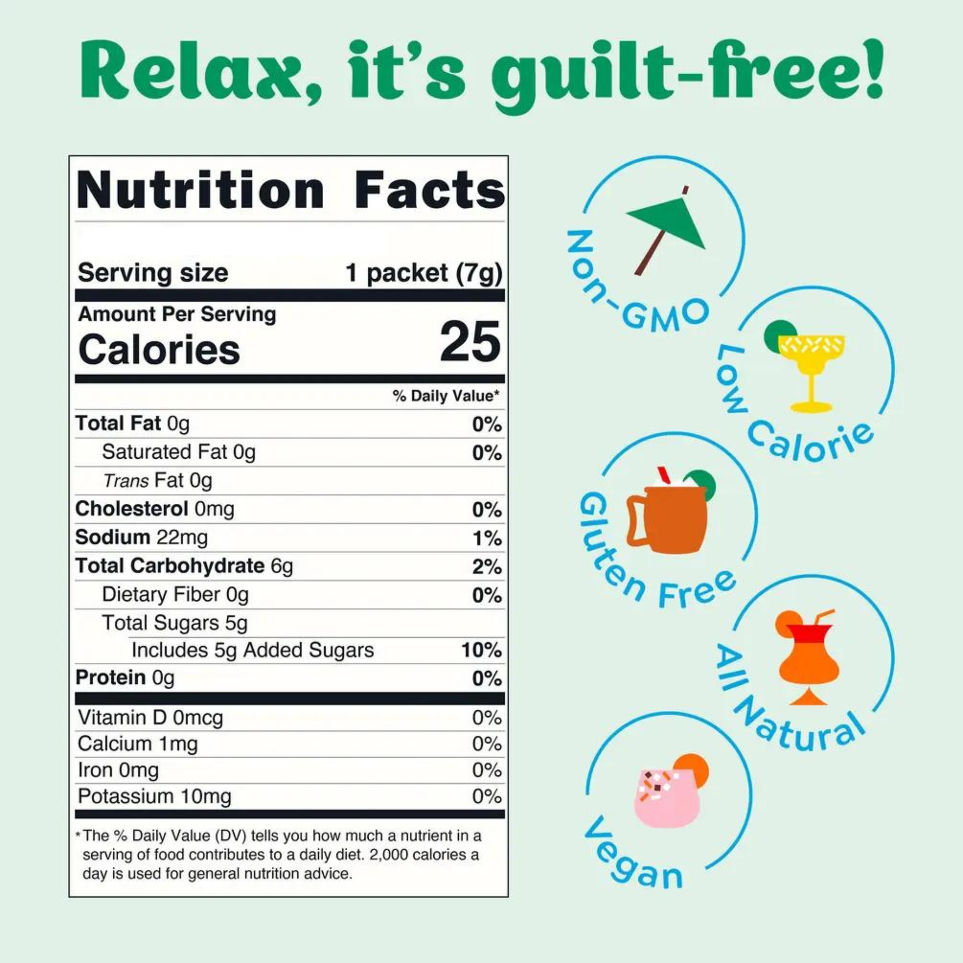 Nutrition facts label with health benefits on a light green background