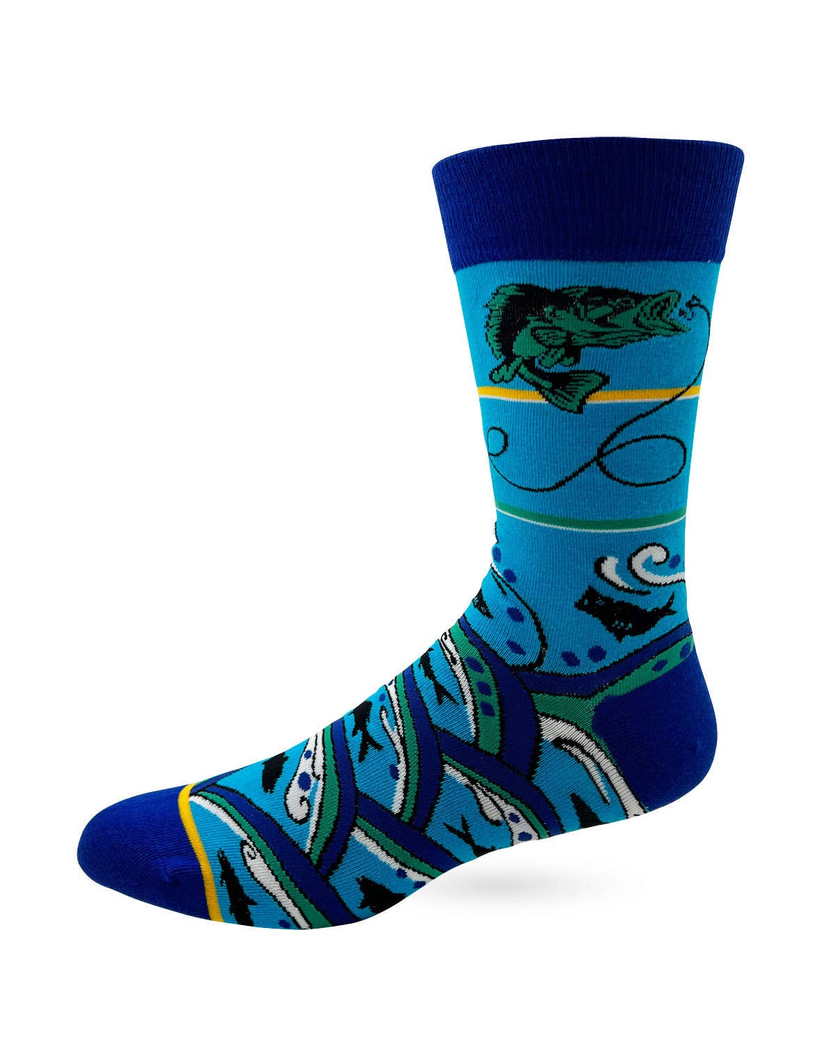 Blue sock with fish design on a white background