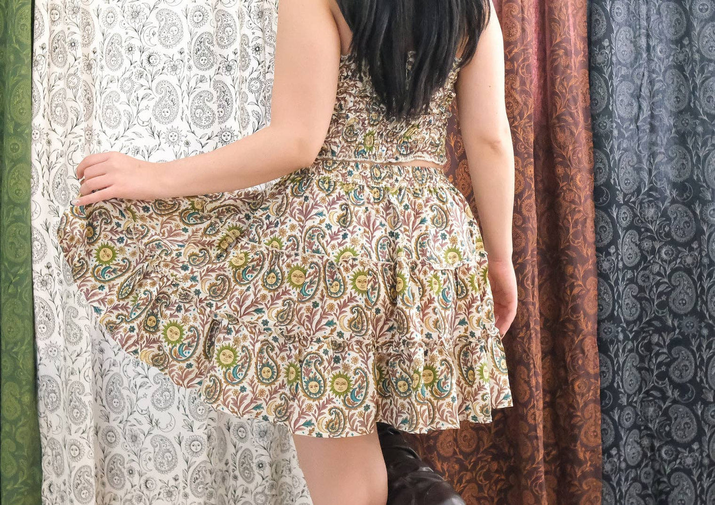 Boho Celestial Paisley Mini Skirt with Pockets