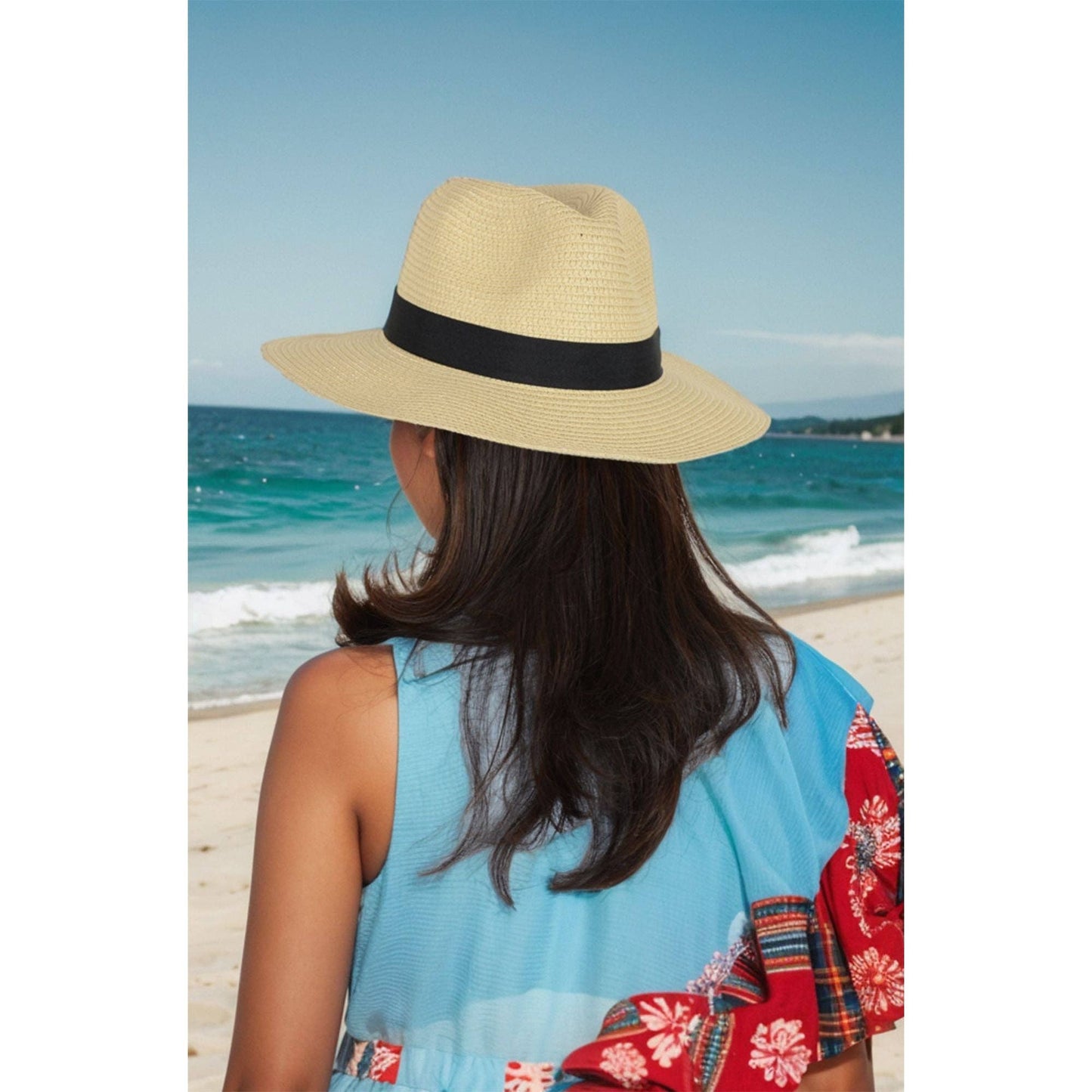 Wide Brim Straw Fedora Sun Hat Black Band Panama UV Hat
