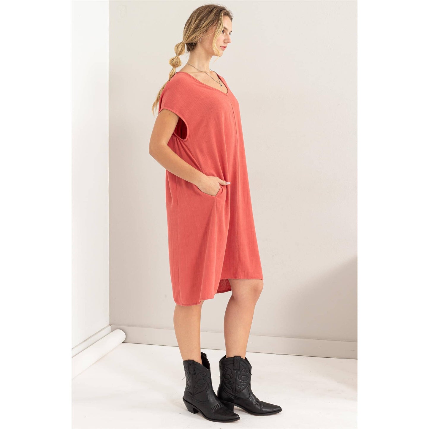 V-Neck Oversized Linen Midi Dress