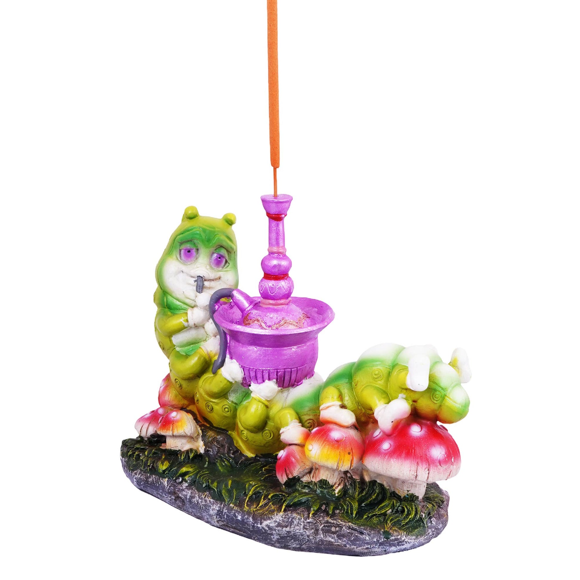 A whimsical fantasy figurine of a green frog character holding a purple cauldron, set among red and white mushrooms on a rocky base with a hanging orange string, isolated on a white background.