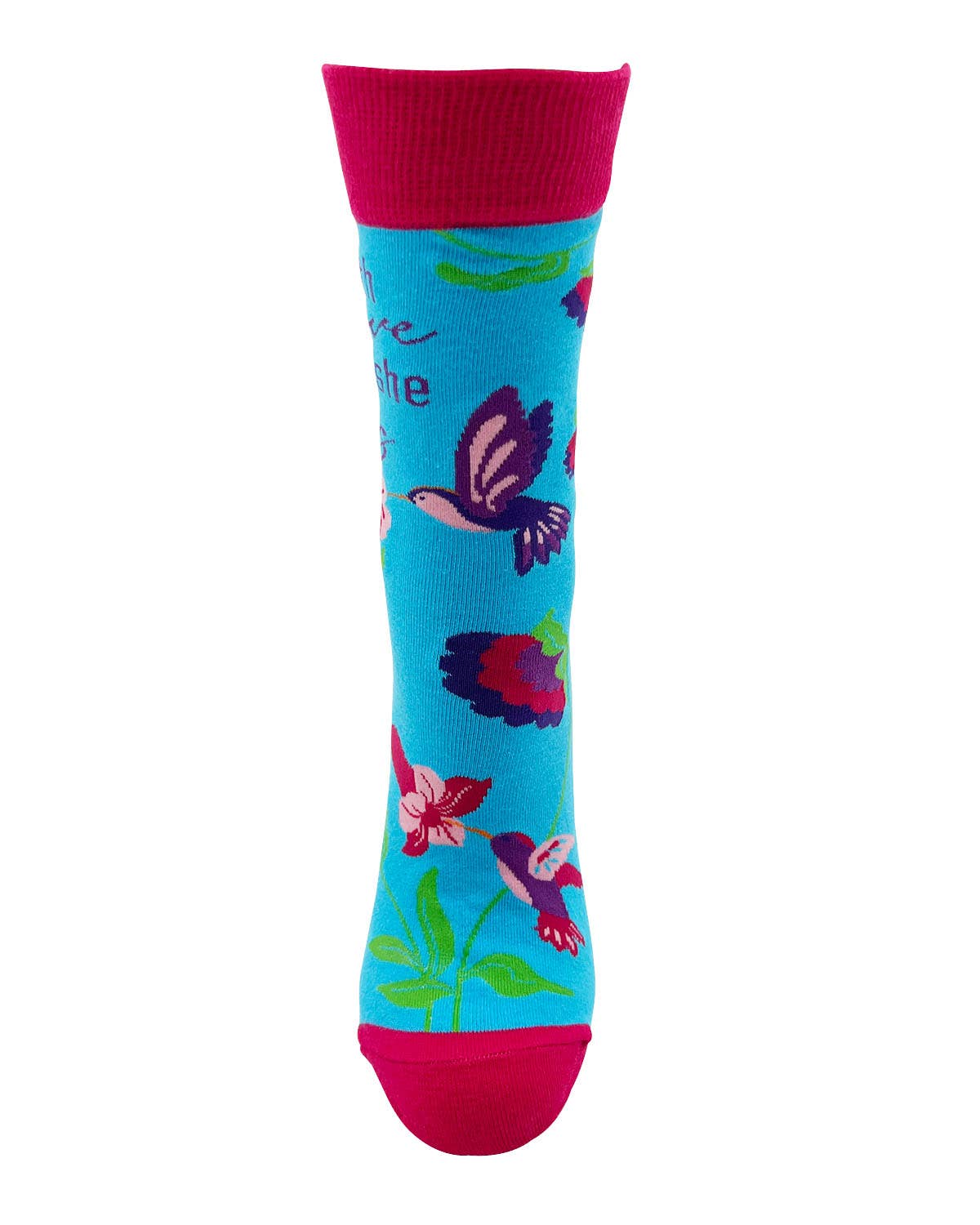 Colorful sock with bird and flower design on a white background