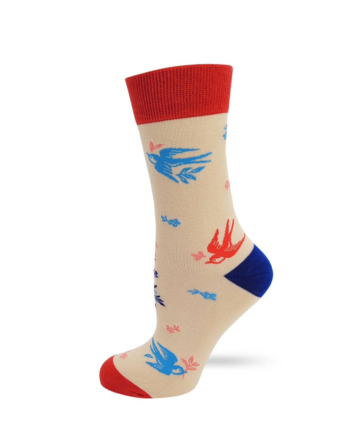 Beige sock with blue and red bird designs on a white background