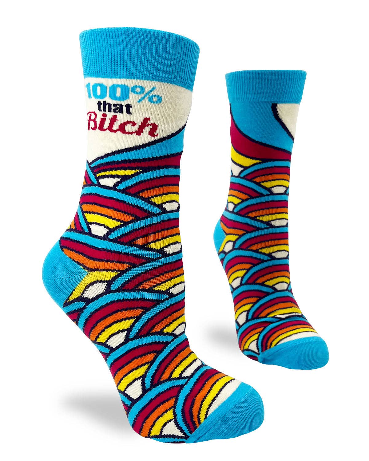 Colorful socks with a rainbow pattern and blue accents on a white background
