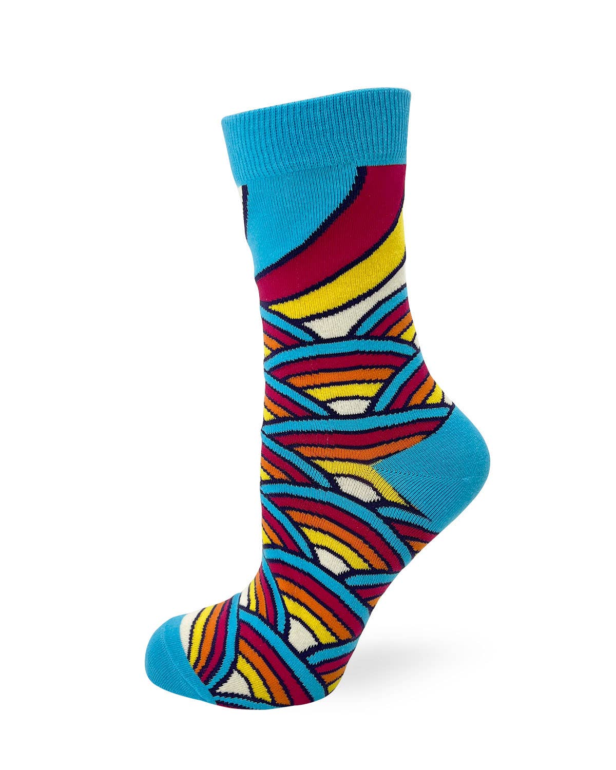 Colorful striped sock with blue cuff and sole on a white background