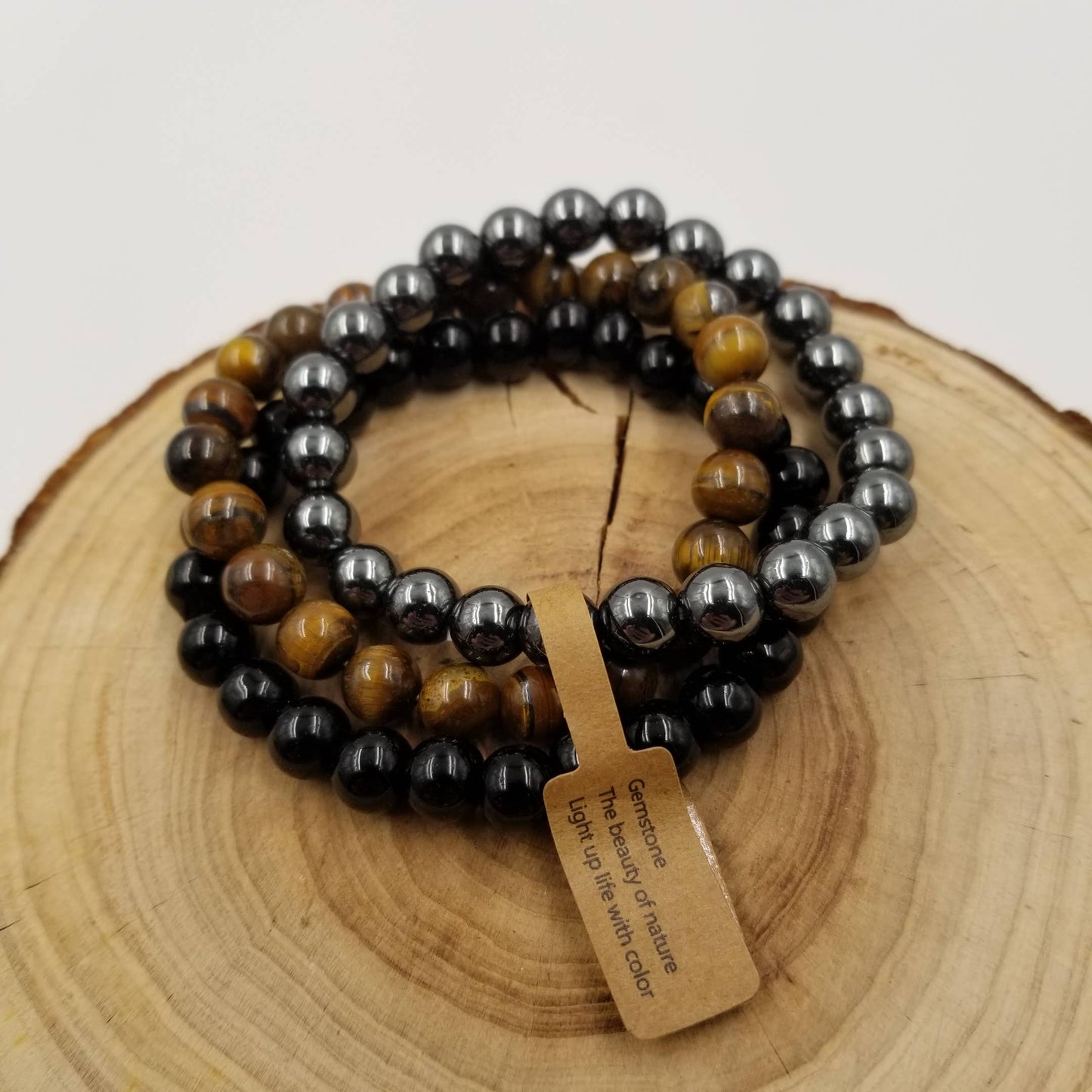 Obsidian & Tiger Eye Stone Beads Set Of 3 With Label