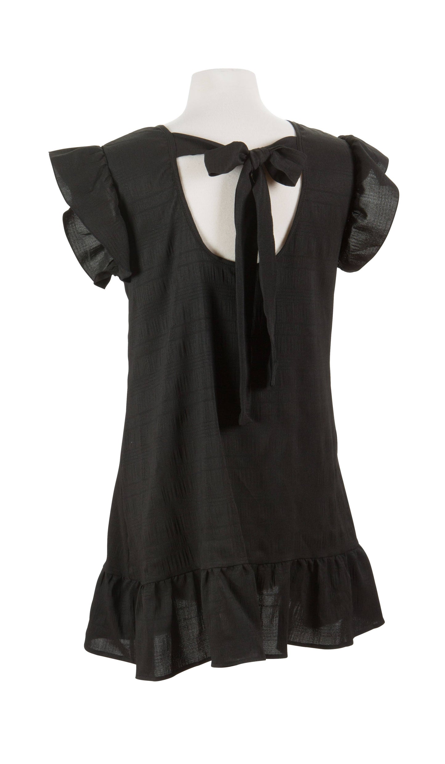 Ruffle peekaboo bow tie back dress, 3 assorted
