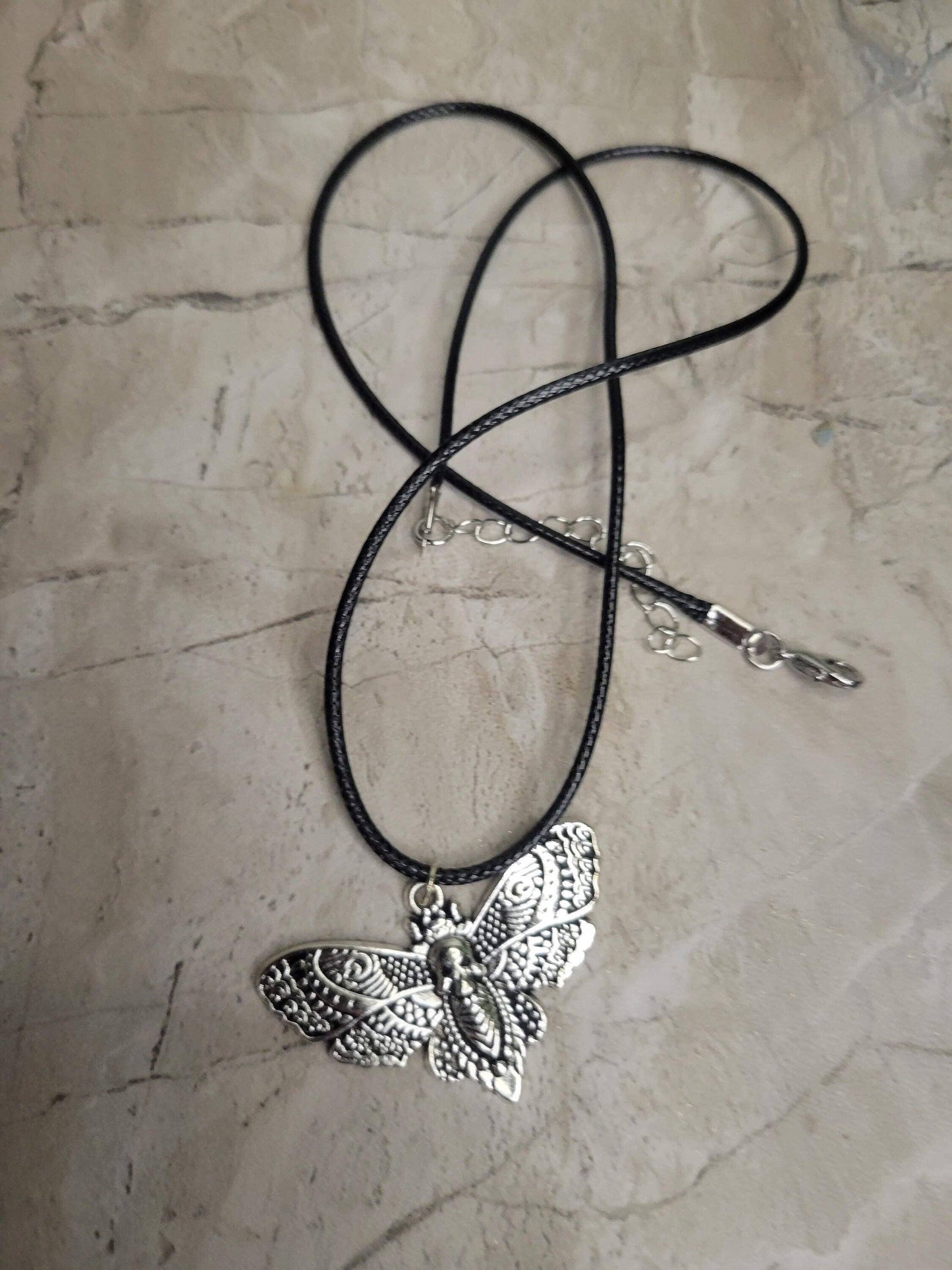 Skull Moth Pendant Necklace, Gothic Jewelry, Antique Silver,