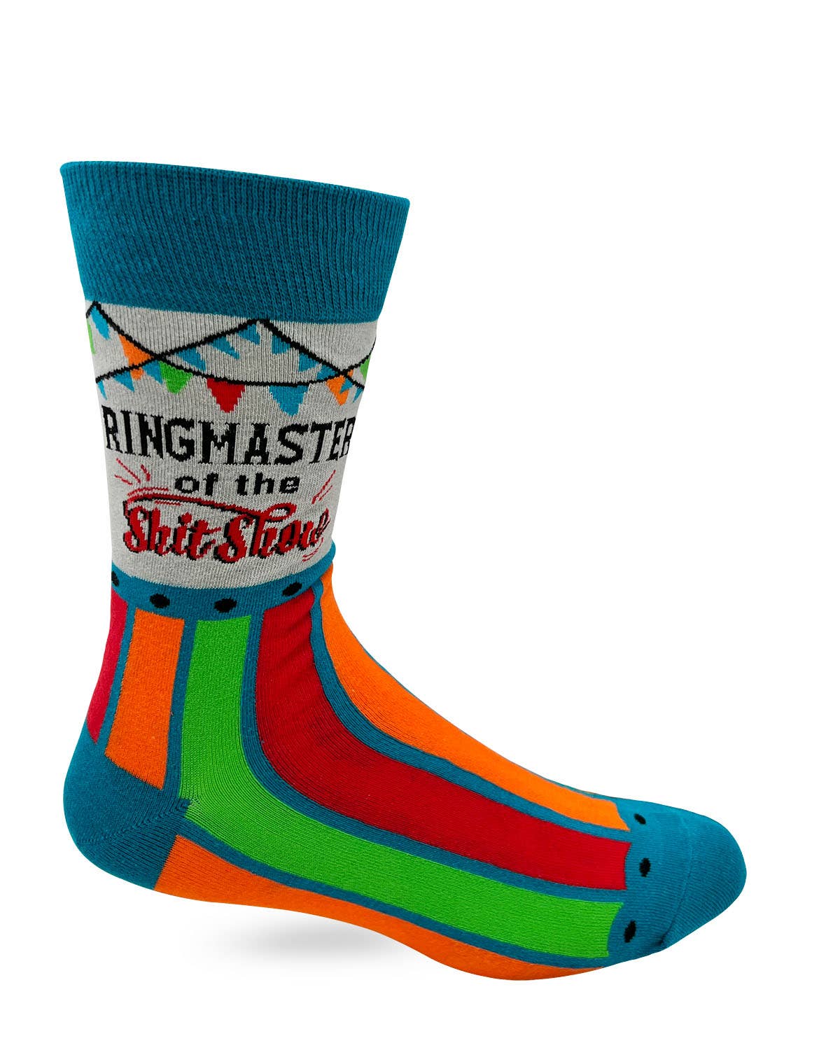 Colorful sock with text and patterns on a white background