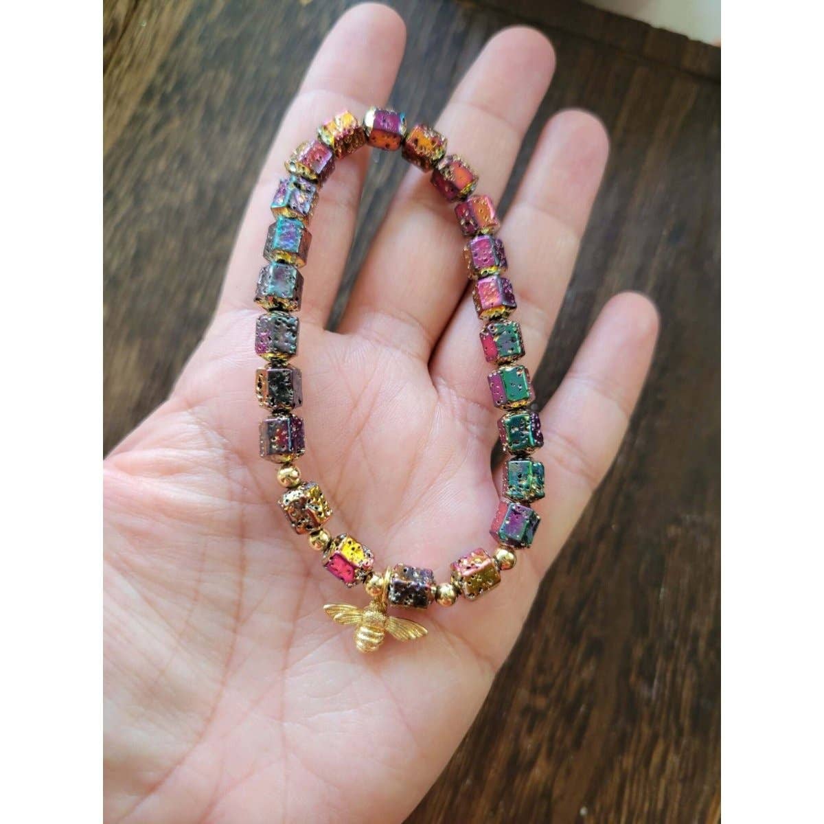 Natural Lava Rock Hexagon Beads Stretch Bracelets, Bee Shape