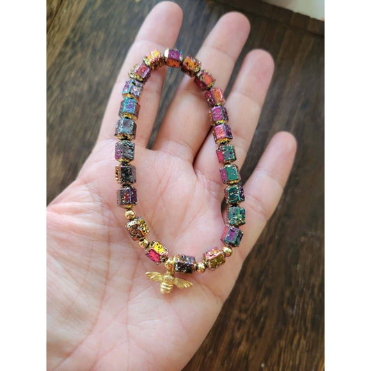 Natural Lava Rock Hexagon Beads Stretch Bracelets, Bee Shape