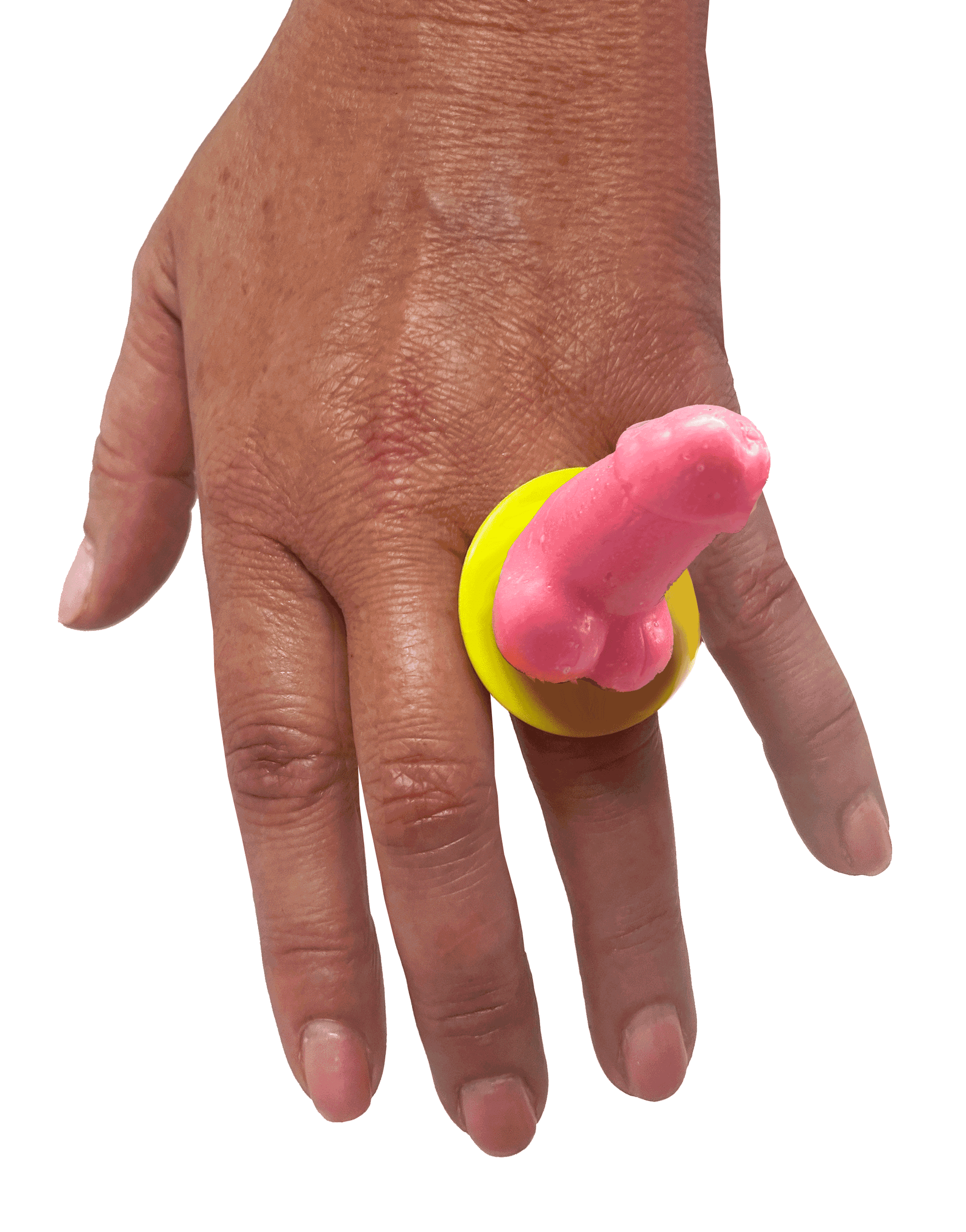 Hand wearing a pink and yellow novelty ring on a white background