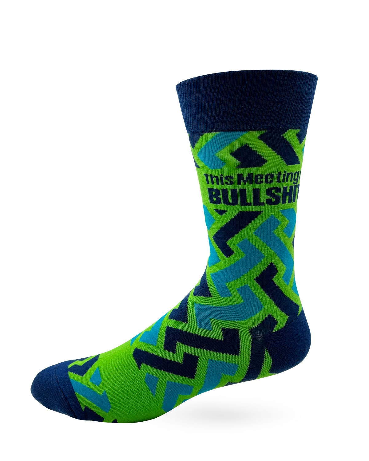 Sock with zigzag pattern and text on a white background