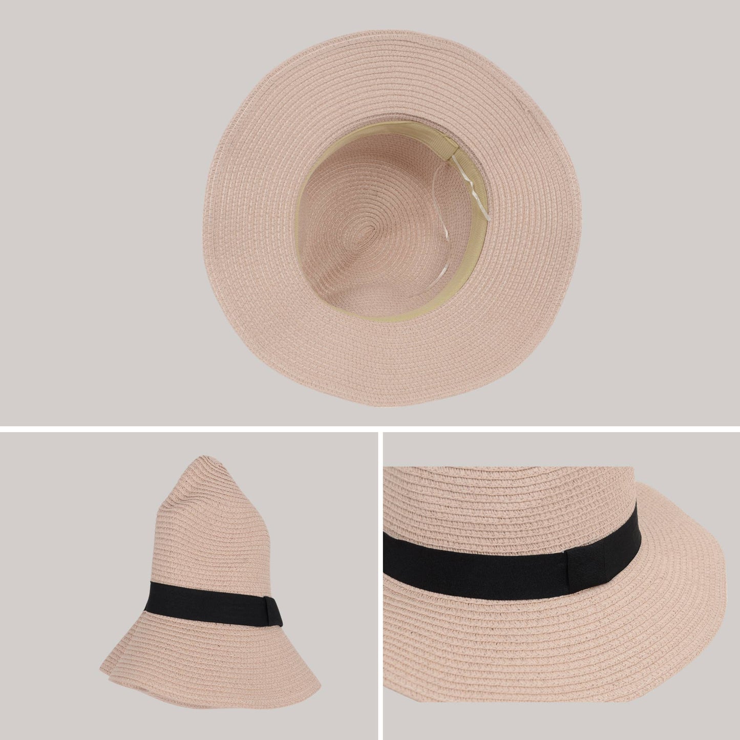Wide Brim Straw Fedora Sun Hat Black Band Panama UV Hat