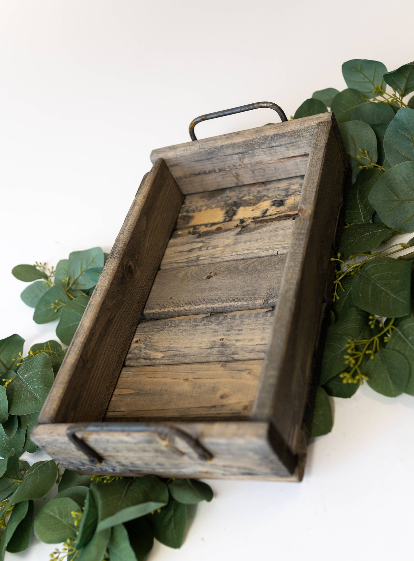 Handcrafted Pine Wood Tray with Steel Handles