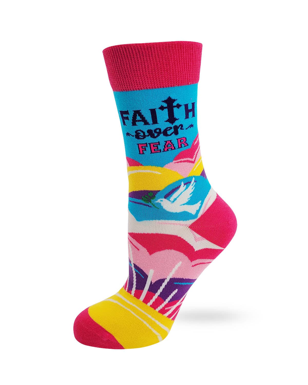 Colorful sock with 'Faith over Fear' text on a white background
