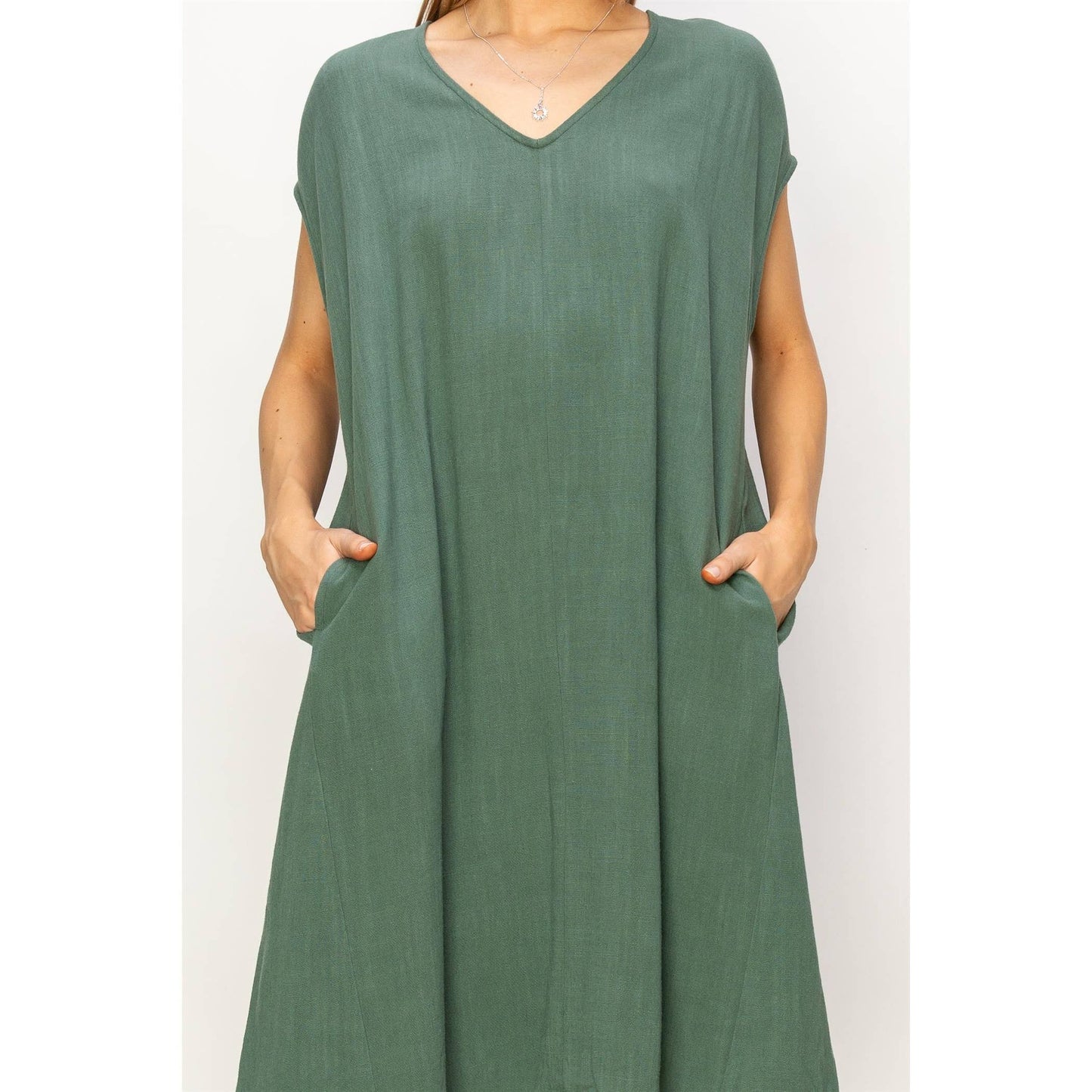 V-Neck Oversized Linen Midi Dress