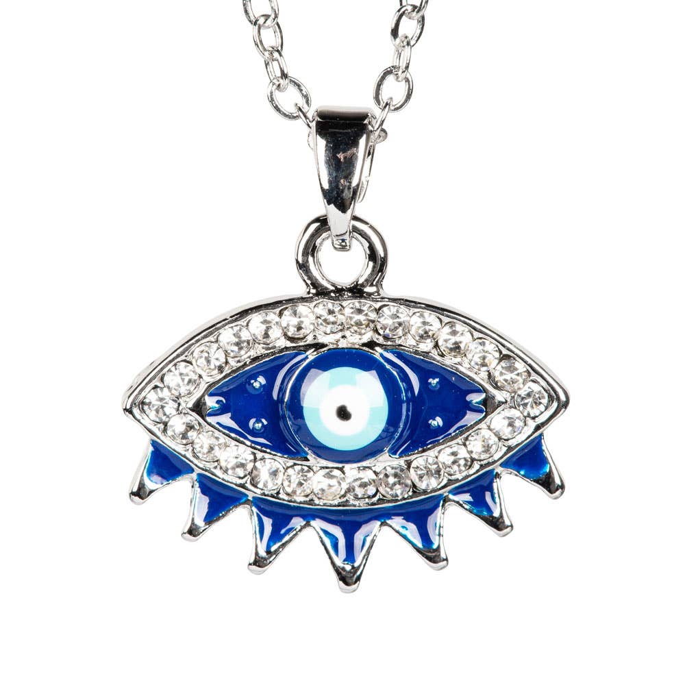 SILVER EVIL EYE CHARM NECKLACE WITH RHINESTONES