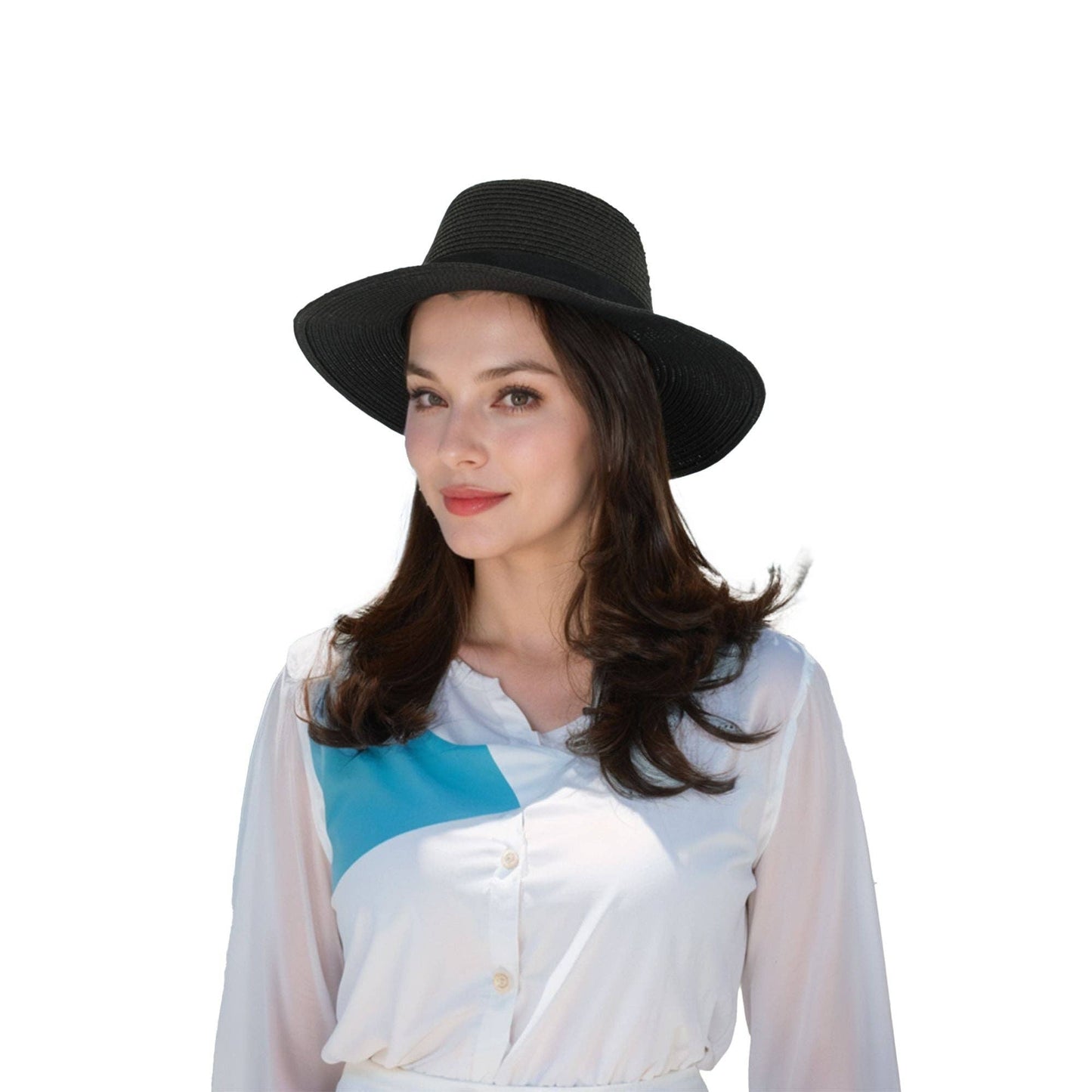 Wide Brim Straw Fedora Sun Hat Black Band Panama UV Hat