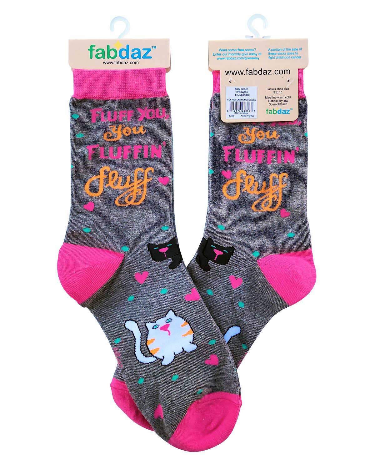 Pair of socks with cat design and text on a white background, featuring the brand 'fabdaz'.