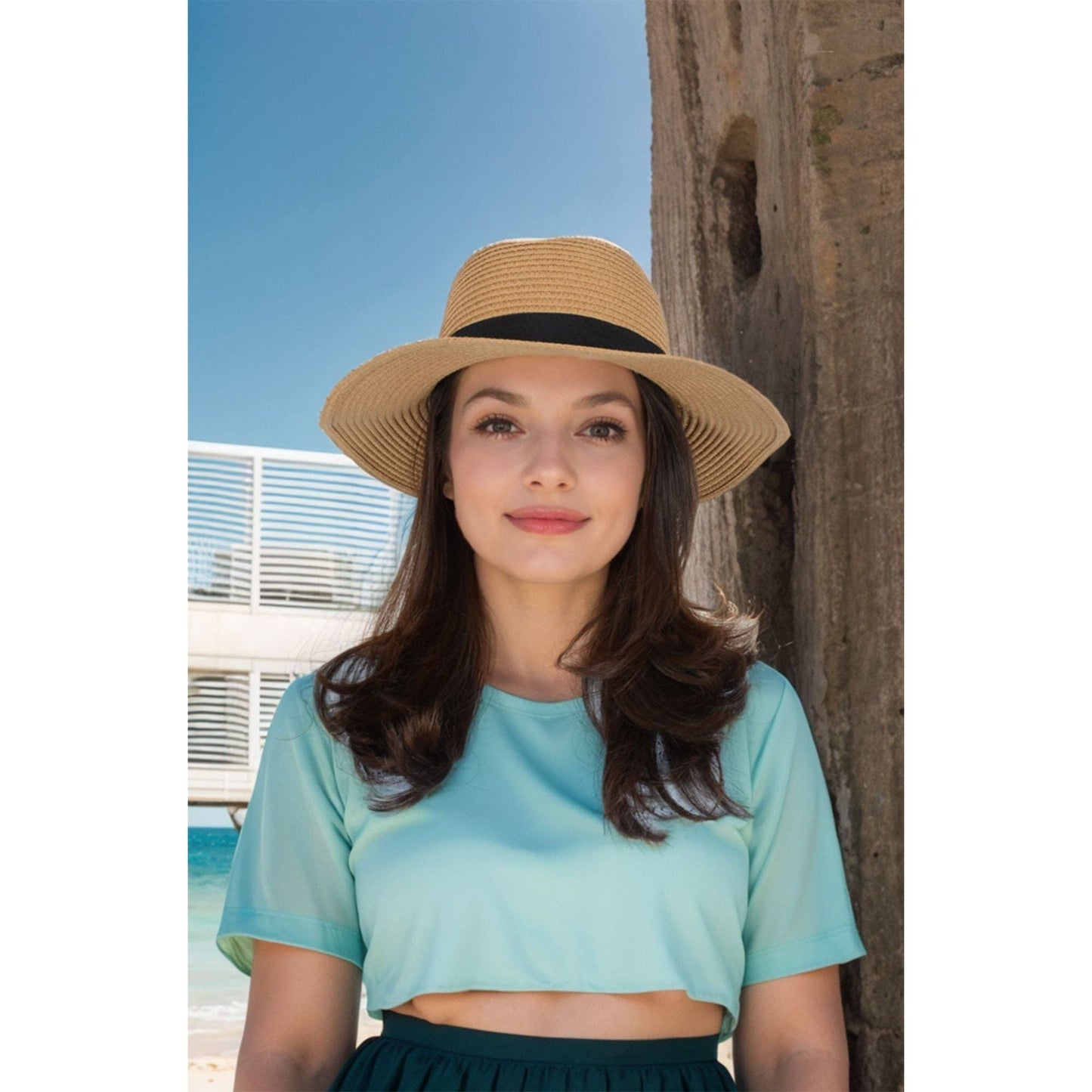 Wide Brim Straw Fedora Sun Hat Black Band Panama UV Hat