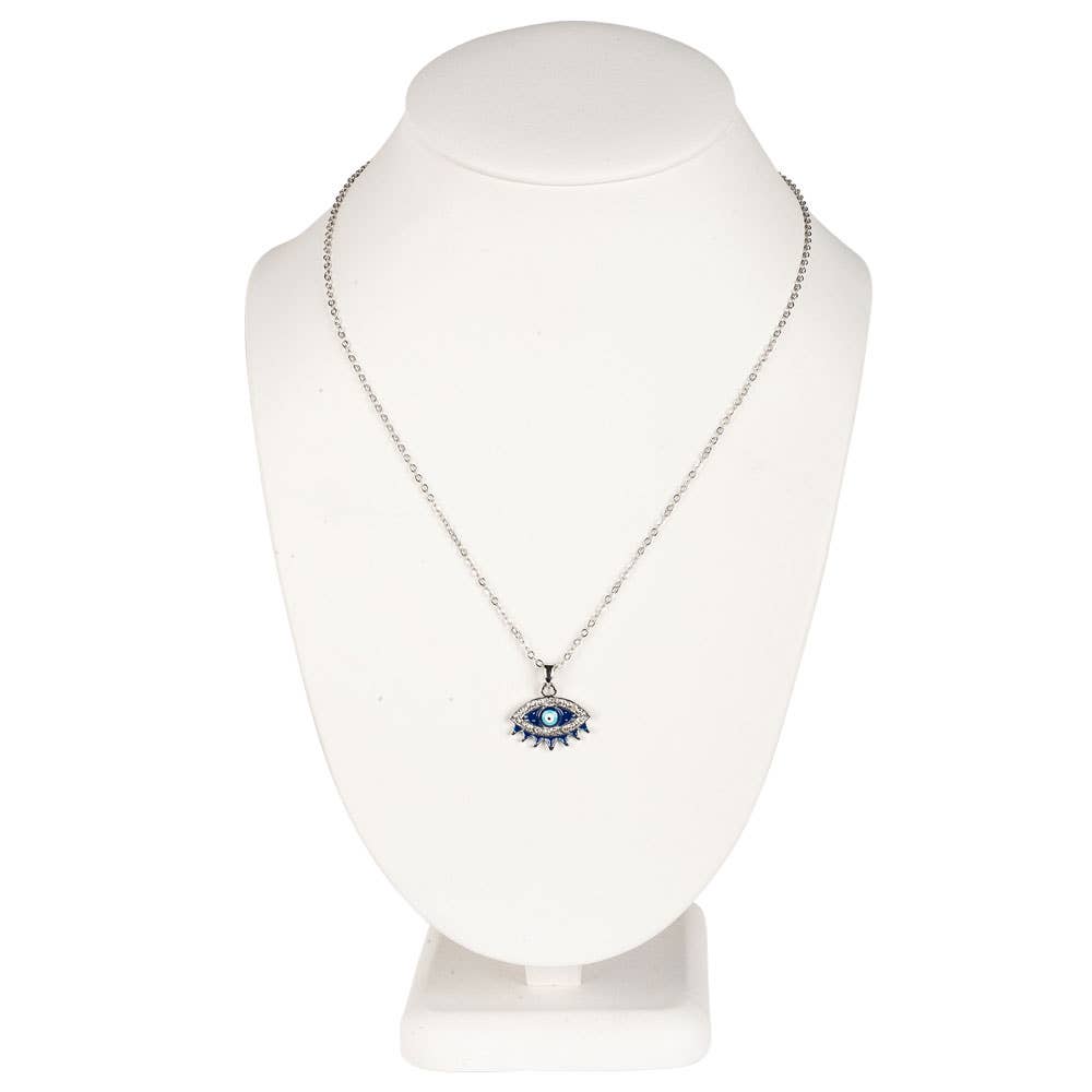 SILVER EVIL EYE CHARM NECKLACE WITH RHINESTONES
