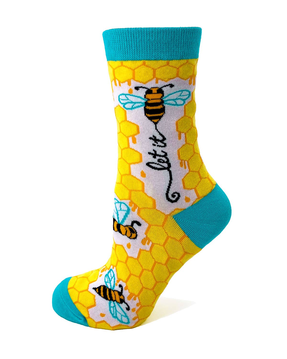 Colorful sock with bee and honeycomb pattern on a white background