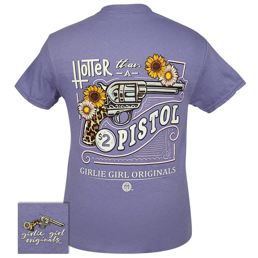 Purple t-shirt with a graphic design of a gun and sunflowers, featuring the text 'Hotter than a Pistol 2' and 'Girlie Girl Originals'.