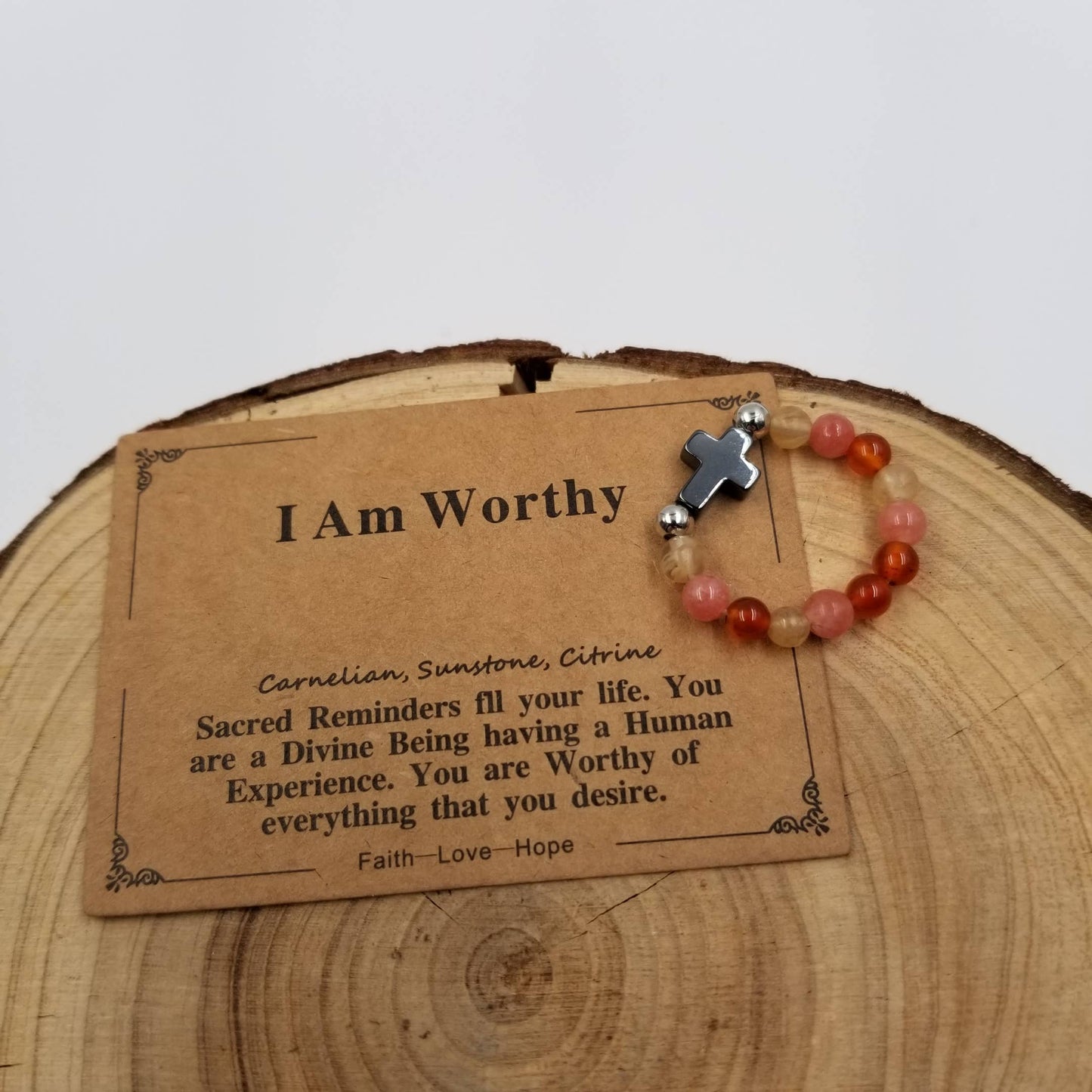 Cross Natural Stone Copper Bead Ring With Card