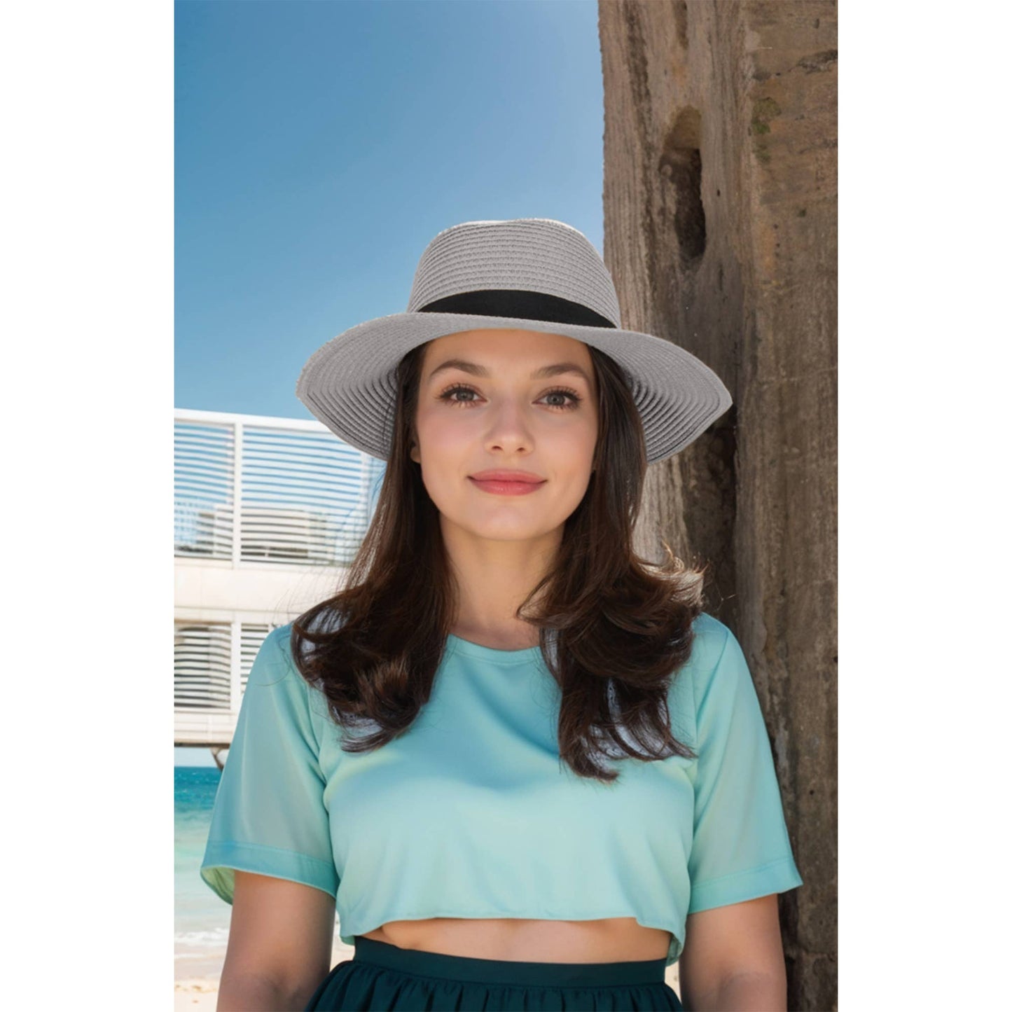 Wide Brim Straw Fedora Sun Hat Black Band Panama UV Hat
