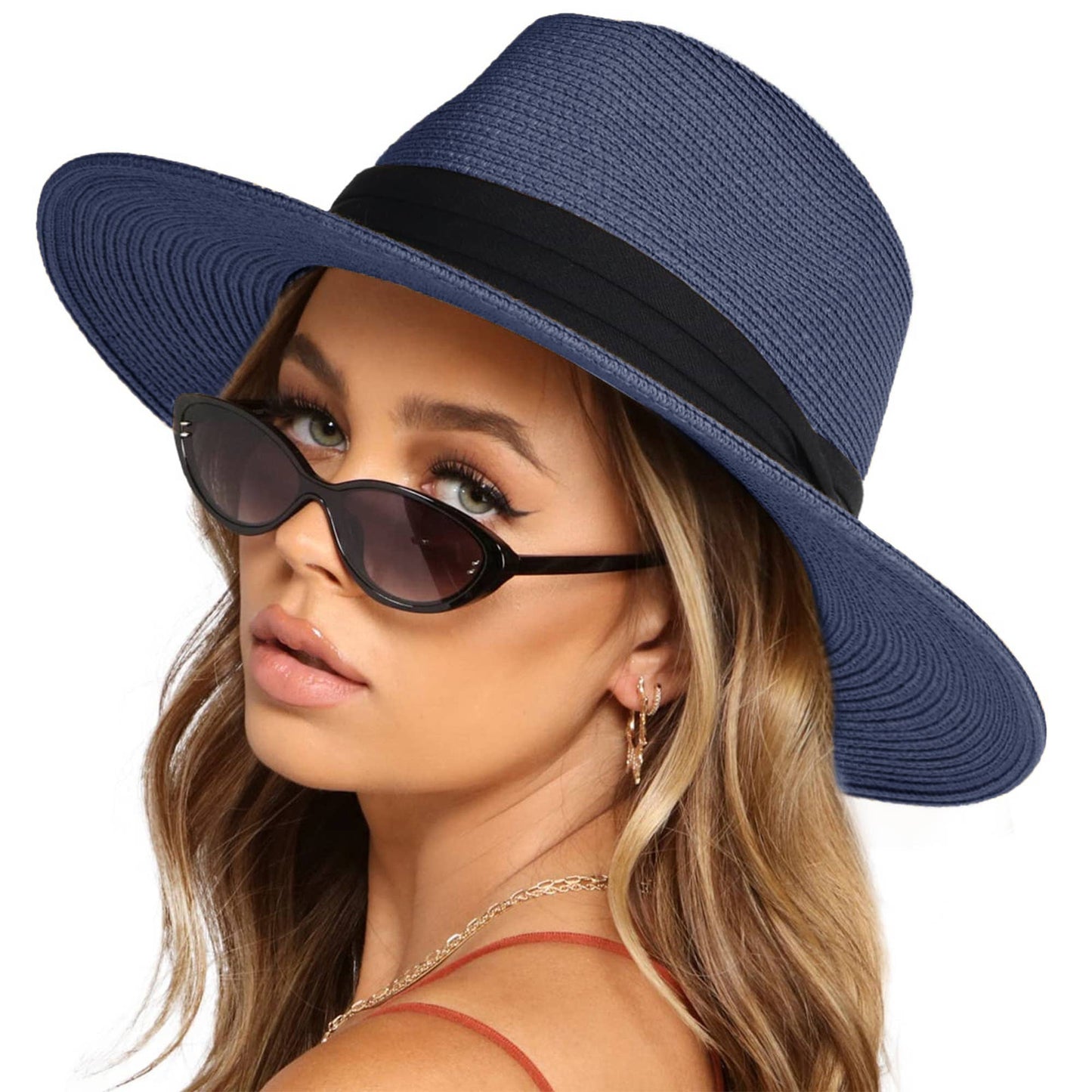 Wide Brim Straw Fedora Sun Hat Black Band Panama UV Hat