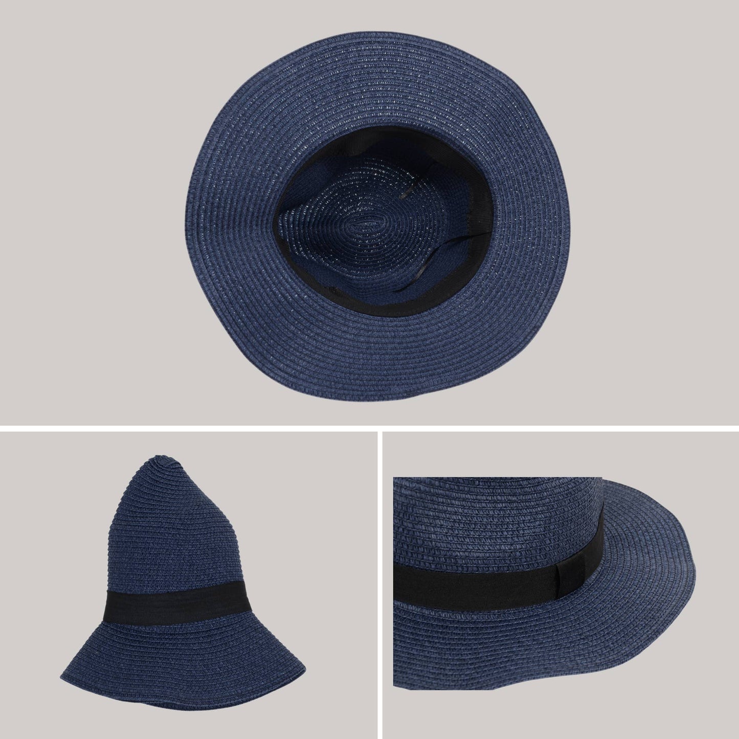 Wide Brim Straw Fedora Sun Hat Black Band Panama UV Hat