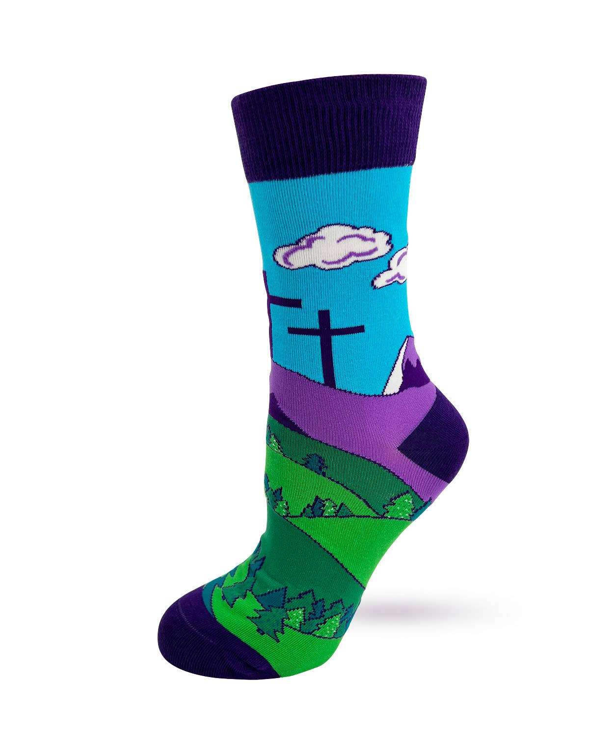 Colorful sock with blue, green, and purple design on a white background