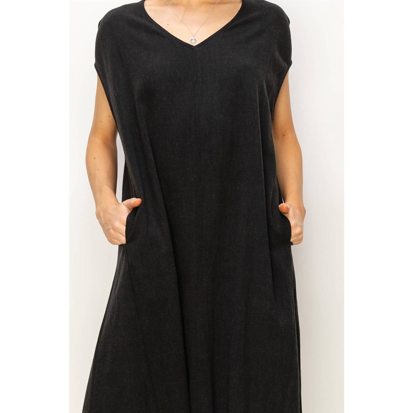 V-Neck Oversized Linen Midi Dress