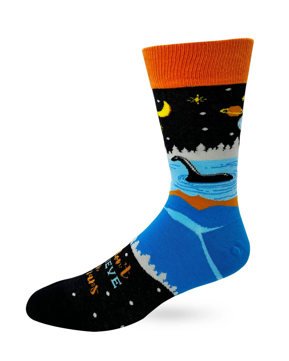Colorful sock with whale design on a white background