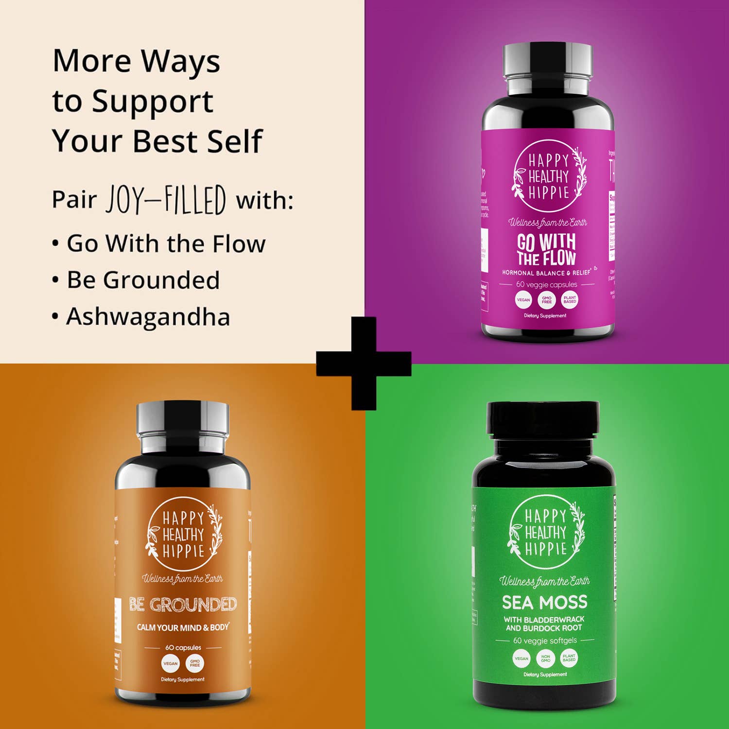 Three supplement bottles with different colored labels on a multicolored background.