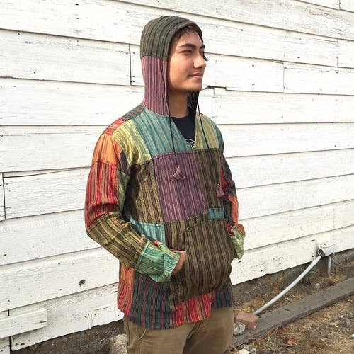 Hippie Cotton Patchwork Hoodie With Front Pocket & Stonewash