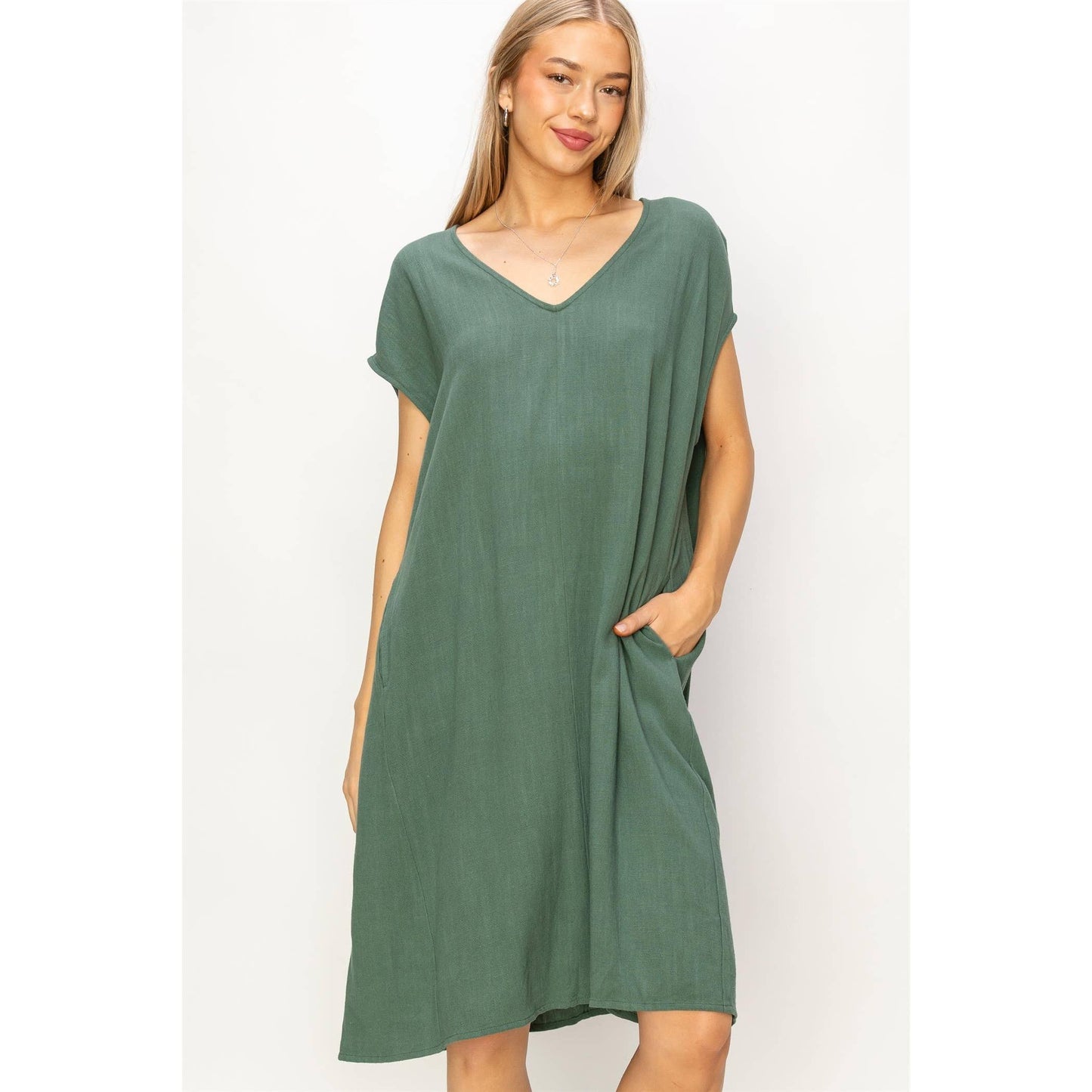 V-Neck Oversized Linen Midi Dress